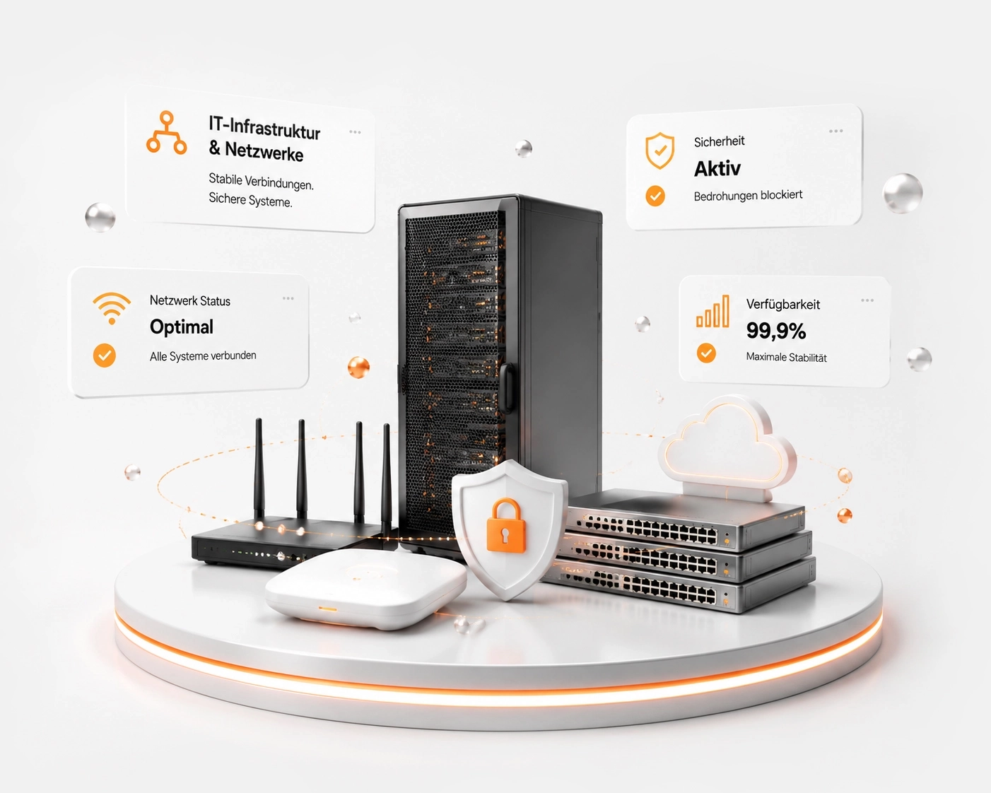 IT-Infrastruktur: Server-Rack, Switches, Firewall und Cloud mit Netzwerk-, Performance- und Sicherheitsstatus