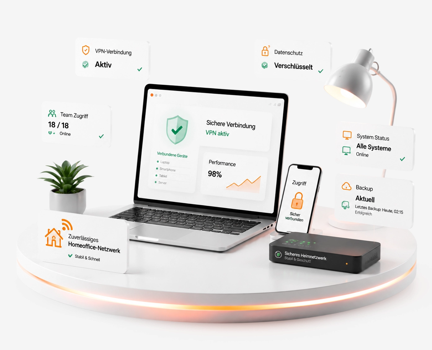 ERNA-IT Homeoffice-Setup: Laptop mit sicherer VPN-Verbindung, Team-Zugriff, aktuellem Backup und Systemstatus