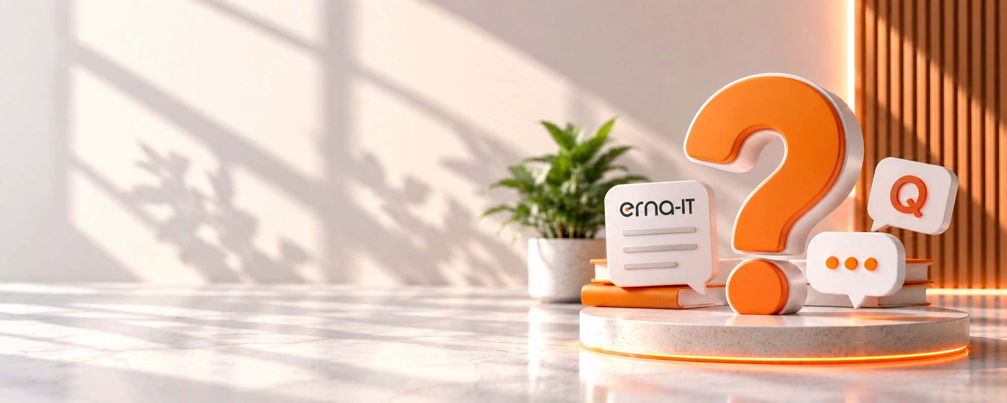 FAQ bei ERNA-IT: orangefarbenes 3D-Fragezeichen mit Sprechblasen und ERNA-IT Karte auf einem Podest