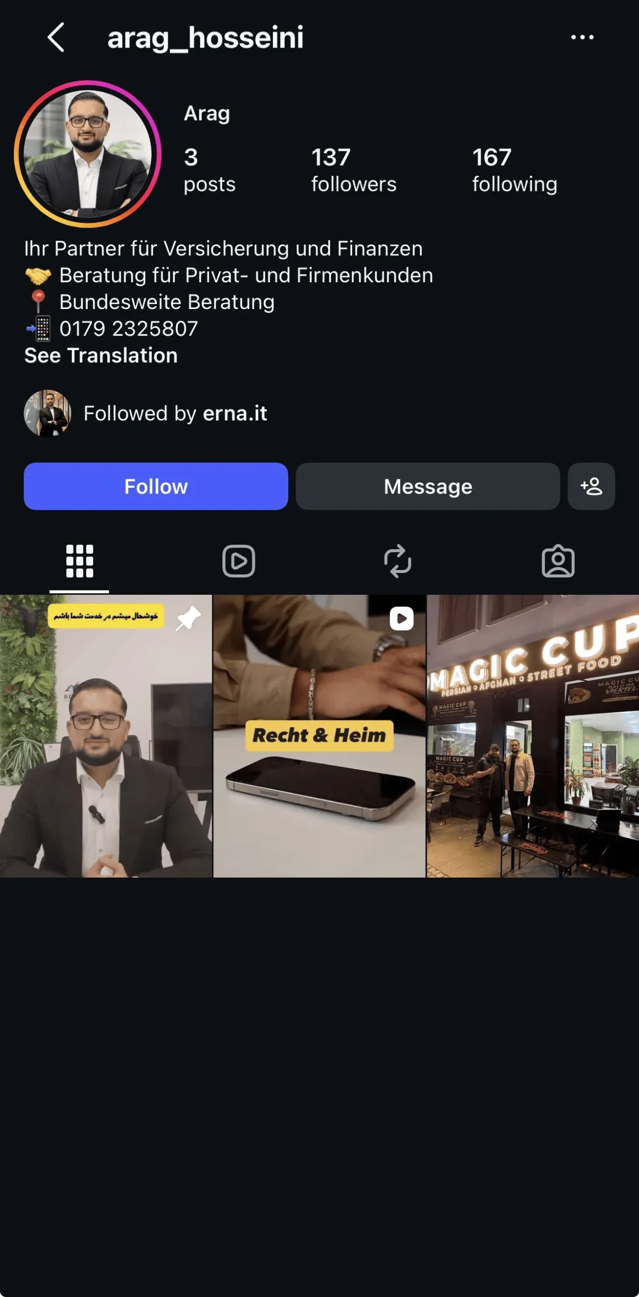 Instagram-Profil @arag_hosseini – ARAG Hosseini