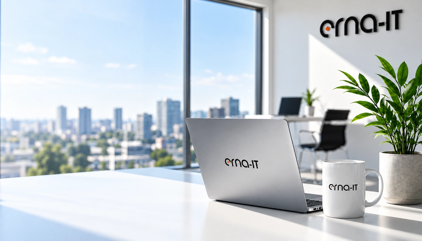 ERNA-IT Arbeitsplatz in Bremen: Laptop und Tasse mit erna-IT Logo