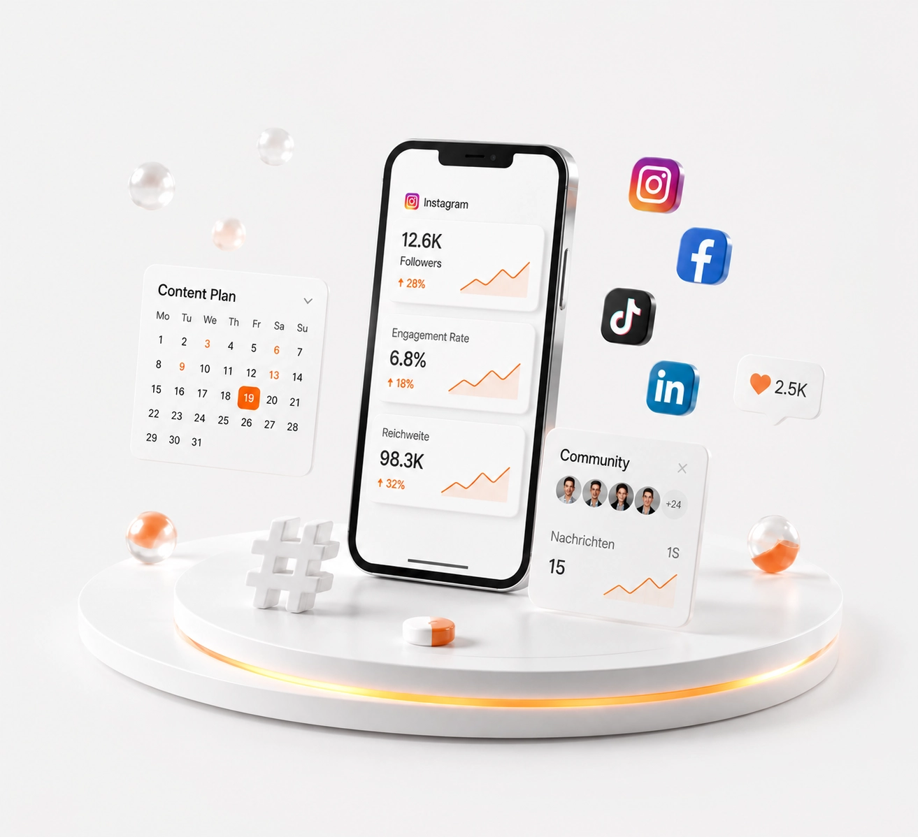 Social Media Marketing: Smartphone mit Kanälen, Content-Plan und Statistiken